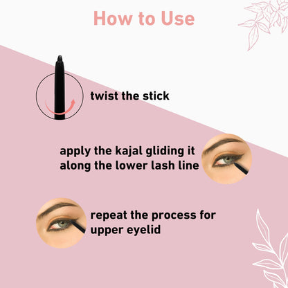 organic, natural and herbal black kajal pencil plus eyeliner with water and smudge proof, suitable for sensitive eyes