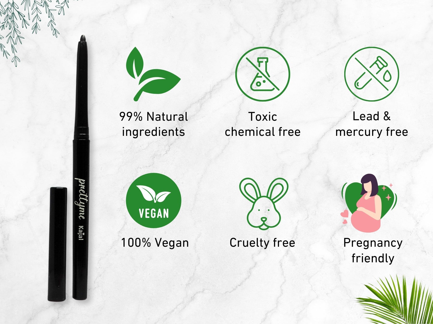 Natural kajal pencil in black, made with organic, chemical-free ingredients for smooth application and long-lasting wear