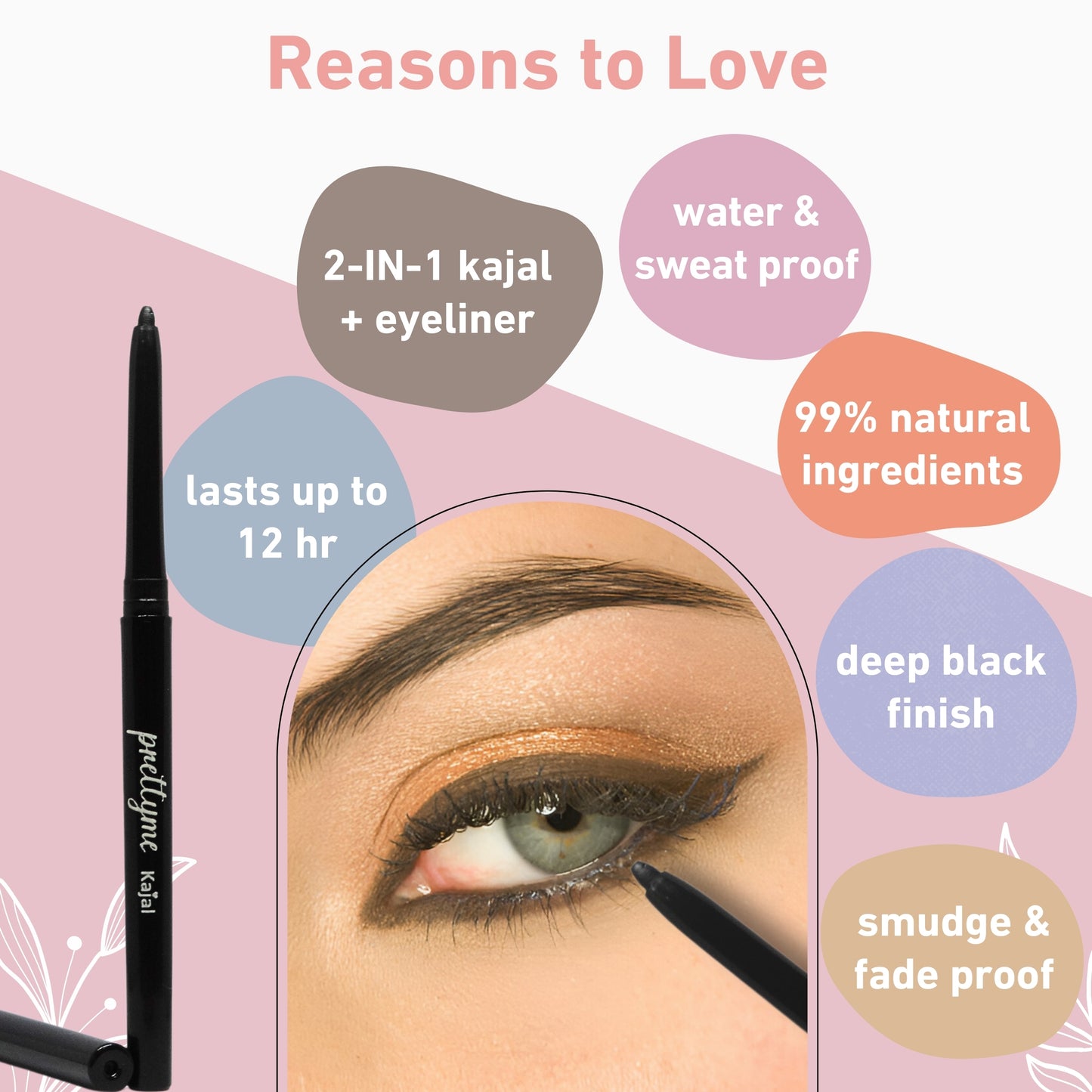 Natural kajal pencil in black, made with organic, chemical-free ingredients for smooth application and long-lasting wear