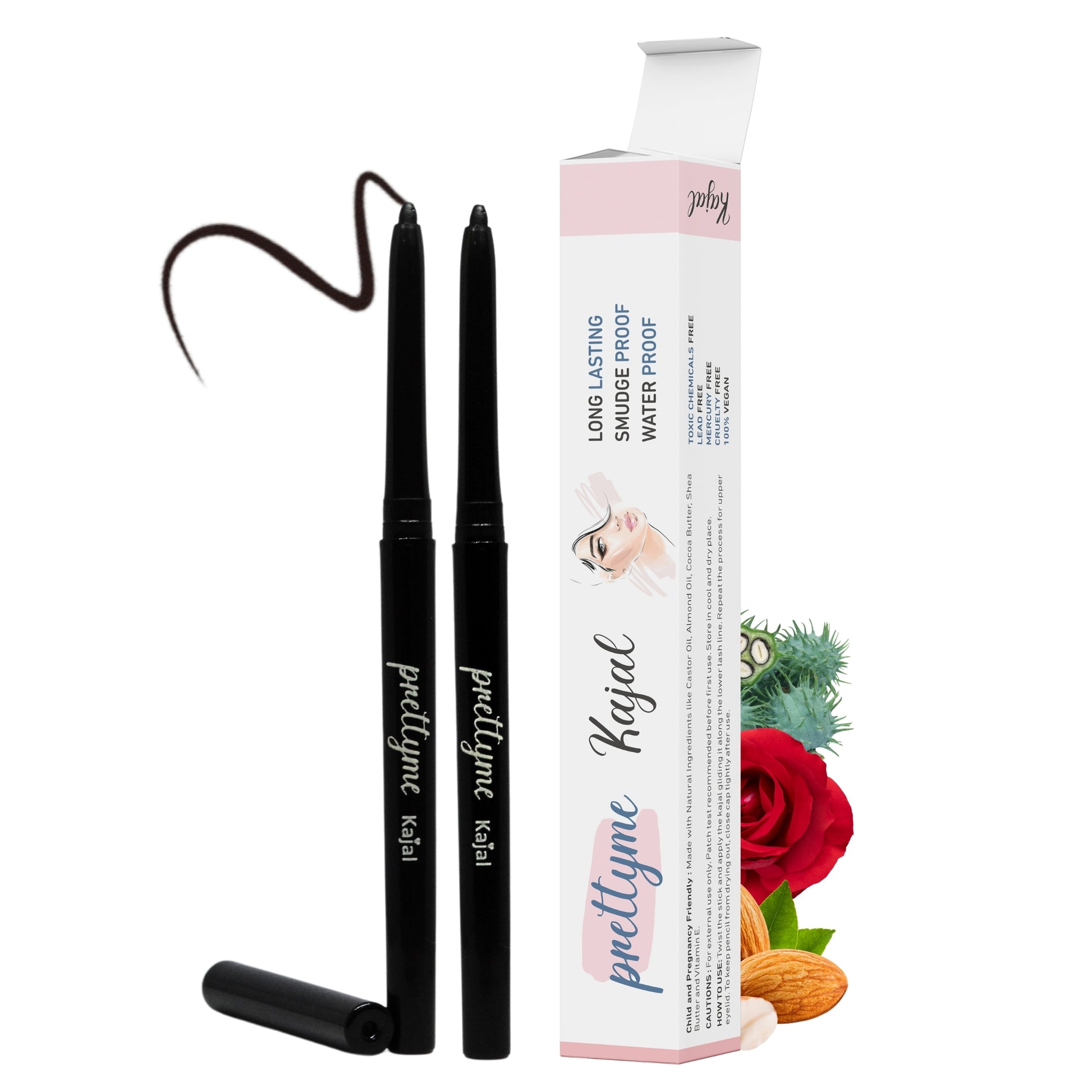 natural and herbal black kajal pencil plus eyeliner with water and smudge proof, front two quantity image